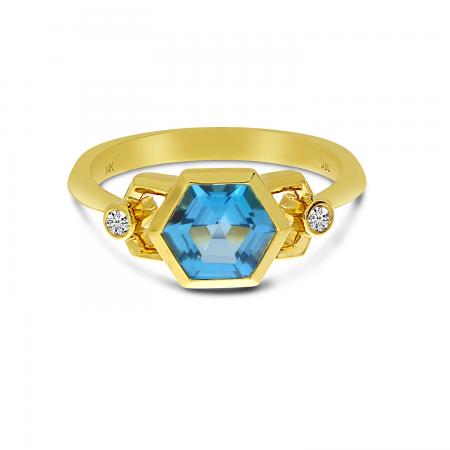 14K Yellow Gold Hexagon Blue Topaz and Diamond Geometric Ring