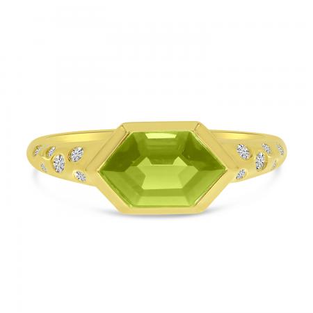 14K Yellow Gold Peridot Hexagon & Diamond Band RIng