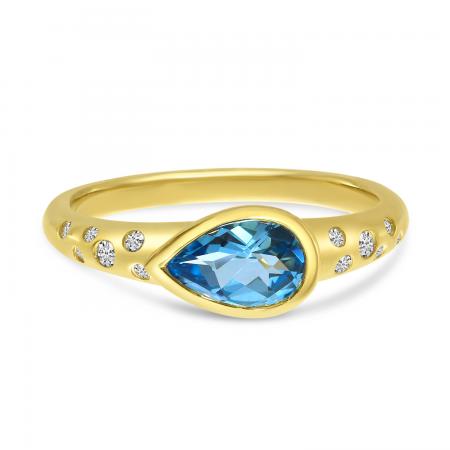 14k Yellow Gold Pear Blue Topaz And Diamond Band Ring