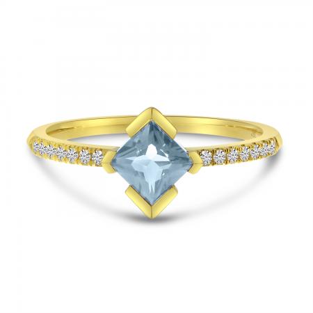 14K Yellow Gold Princess Cut Aquamarine and Diamond Band Ring