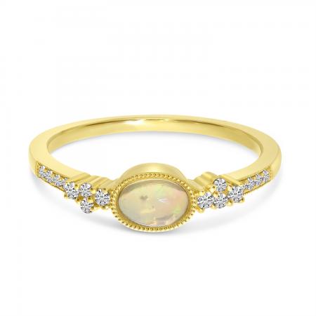 14k Yellow Gold Oval Opal and Diamond Milgrain Ring