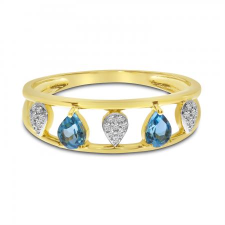 14K Yellow Gold Alternating Pear Blue Topaz and Diamond Open Band Ring