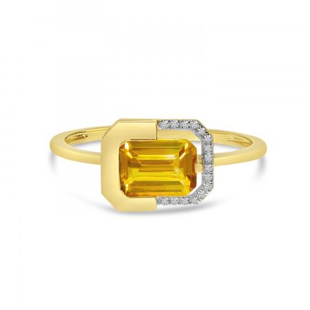 14K Yellow Gold Octagon Citrine with Diamond Half Halo Ring