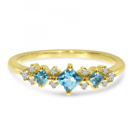 14K Yellow Gold Triple Princess Blue Topaz with Diamond Ring