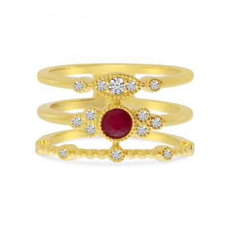 14K Yellow Gold Ruby and Diamond 3 Row Ring Stack