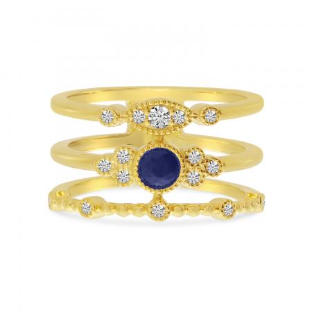 14K Yellow Gold Sapphire and Diamond 3 Row Ring Stack