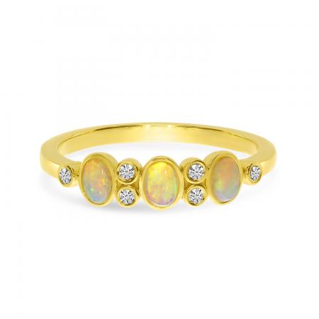 14K Yellow Gold Oval Opal and Diamond Bezel Band Ring