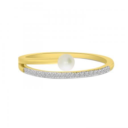 14K Yellow Gold Diamond and Pearl Band & A Half Ring