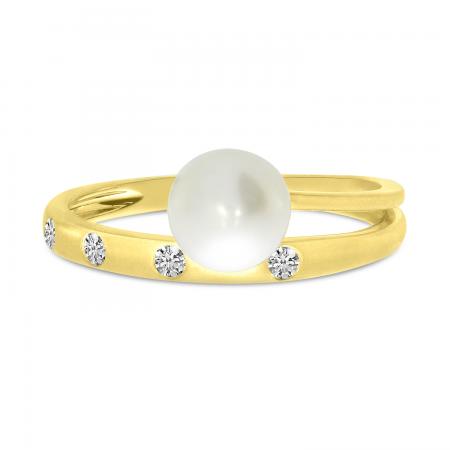 14K Yellow Gold Brushed Diamond and Pearl Band & A Half Ring