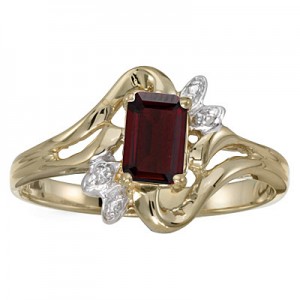 10k Yellow Gold Emerald-cut Garnet And Diamond Ring