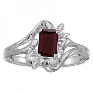 10k White Gold Emerald-cut Garnet And Diamond Ring