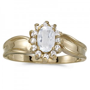 10k Yellow Gold Oval White Topaz And Diamond Ring