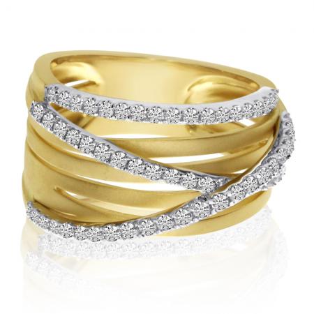 14K Brushed Yellow Gold 3 Row Diamond Wide Fashion Ring