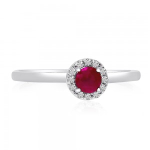 10K White Gold 4mm Round Ruby and Diamond Halo Precious Ring