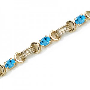 14K Yellow Gold Oval Blue Topaz and Diamond Bracelet