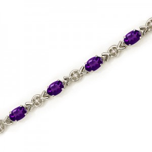 14K White Gold Oval Amethyst and Diamond Bracelet