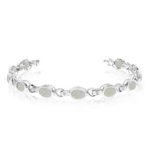 14K White Gold Oval Opal and Diamond Bracelet