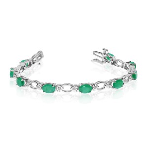 14K White Gold Oval Emerald and Diamond Bracelet