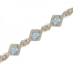 14K White Gold Oval Aquamarine and Diamond Bracelet