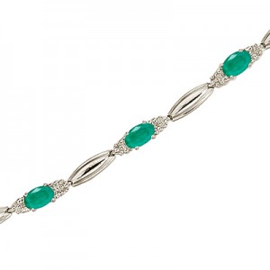 14K White Gold Oval Emerald and Diamond Bracelet