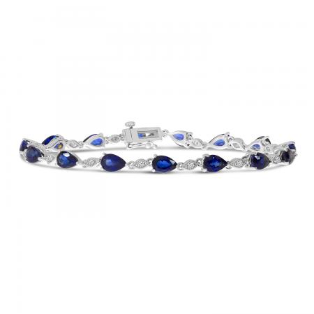 14K White Gold Precious Pear Sapphire and Diamond Millgrain Bracelet