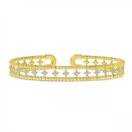 14K Yellow Gold Double Row Flower Diamond Flexible Cuff Bracelet