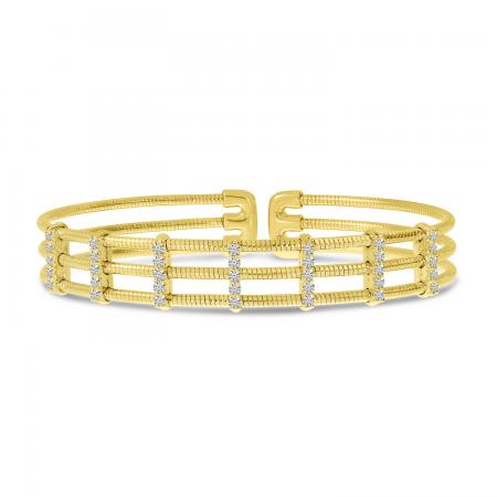 14K Yellow Gold Triple Row Diamond Flexible Cuff Bracelet