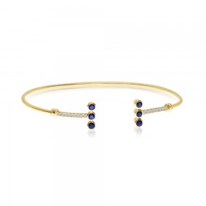 14K Yellow Gold Precious Triple Sapphire and Diamond Minimal Fashion Bangle