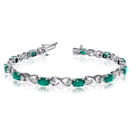 14K White Gold Oval Emerald and Diamond Bracelet