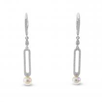 14K White Gold Dangle Pearl and Diamond Earrings