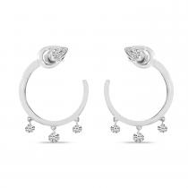 14K White Gold Dashing Diamond Pear Front Hoop Three stone pierced Earrings