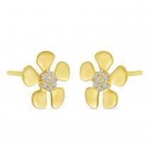 14K Yellow Gold Brushed Gold Diamond Flower Earrings