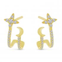 14K Yellow Gold Star & Moon Diamond Cuff Earrings