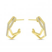 14K Yellow Gold Diamond Geometric Double Hoop Earrings