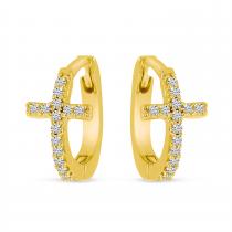 14K Yellow Gold Diamond Cross Huggie Earrings