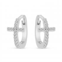 14K White Gold Diamond Cross Huggie Earrings