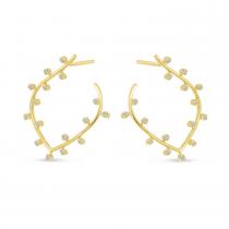 14K Yellow Gold Bubble Front Leaf Hoop Earrings