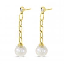 14K Yellow Gold Diamond and Pearl Link Dangle Earrings