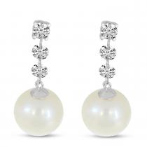 14K White Gold Dashing Diamonds 3-Stone Drop Pearl Earrings