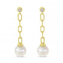 14K Yellow Gold Diamond and Pearl Link Dangle Earrings