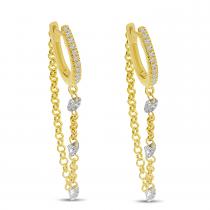 14K Yellow Gold Dashing Diamond Triple Diamond Chain Huggie Earrings