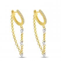 14K Yellow Gold Dashing Diamond Triple Diamond Chain Huggie Earrings