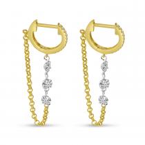 14K Yellow Gold Floating Diamond Triple Diamond Chain Huggie Earrings