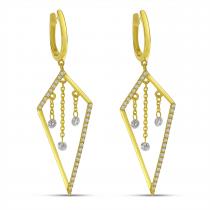 14K Yellow Gold Dashing Diamond Kite Shape Dangle Chain Link Earrings