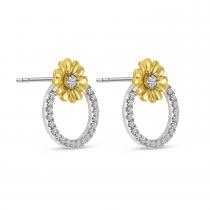 14K Two Tone Gold Diamond Floral Circle Earrings