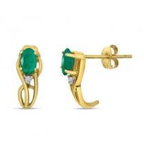 14K Yellow Gold Oval Emerald and Diamond Curve Post Birthstone Earrings