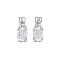 14K White Gold Oval White Topaz and Diamond Birthstone Post Earrings