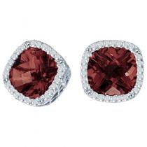 14K White Gold 7mm Cushion Garnet and Diamond Earrings