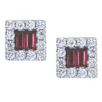 14K White Gold Diamond and Baguette Sapphire Square Earrings