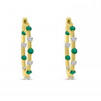 14K Yellow Gold Tension Set Alternating Emerald and Diamond Hoop Earrings